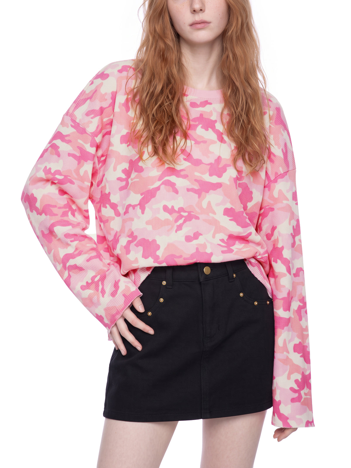 STILL. Unisex Camo Waffle Raw Edge Long Sleeve T-Shirt, worn by a model
