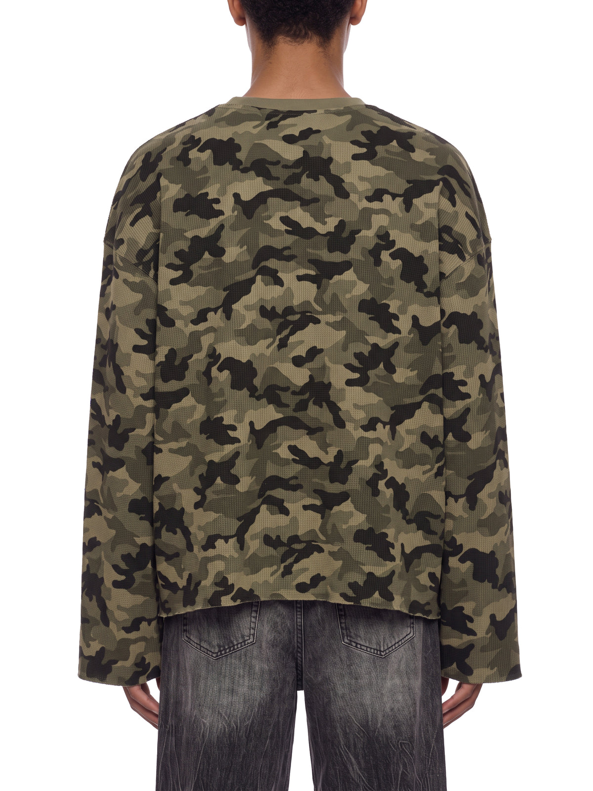STILL. Unisex Camo Waffle Raw Edge Long Sleeve T-Shirt, worn by a model