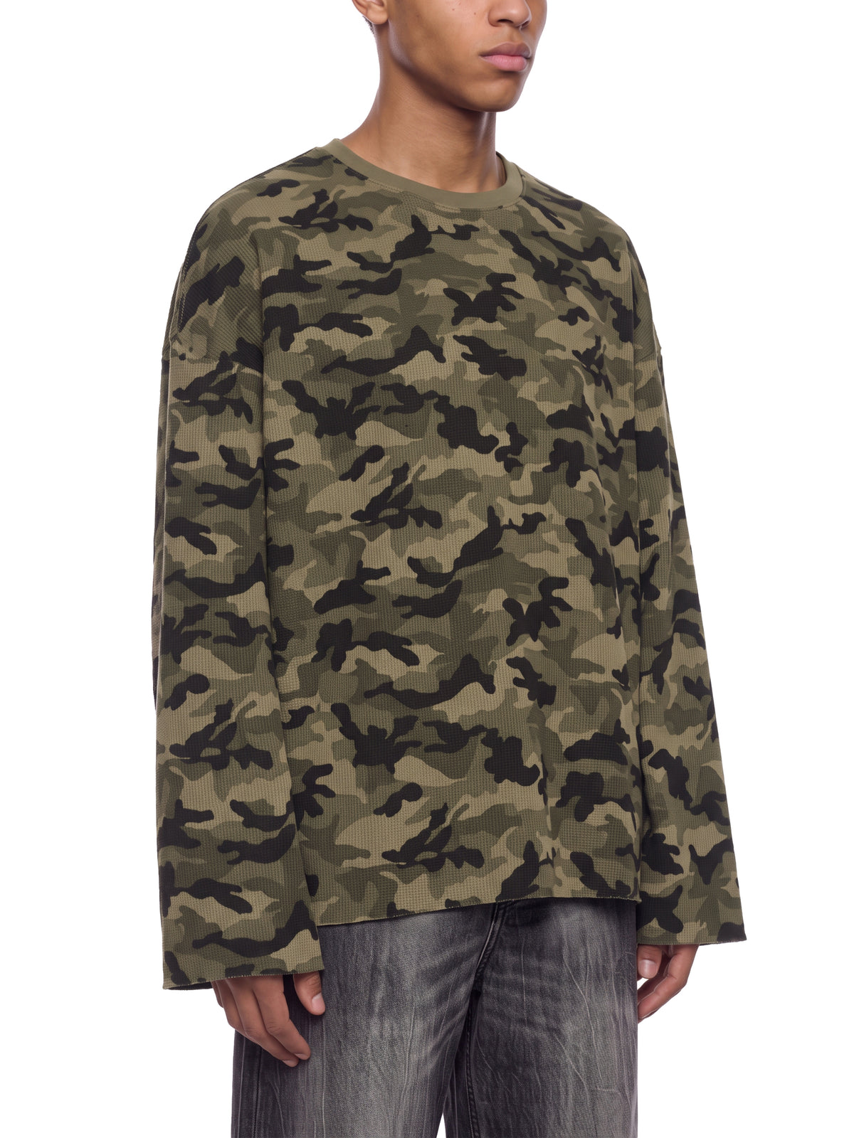 STILL. Unisex Camo Waffle Raw Edge Long Sleeve T-Shirt, worn by a model