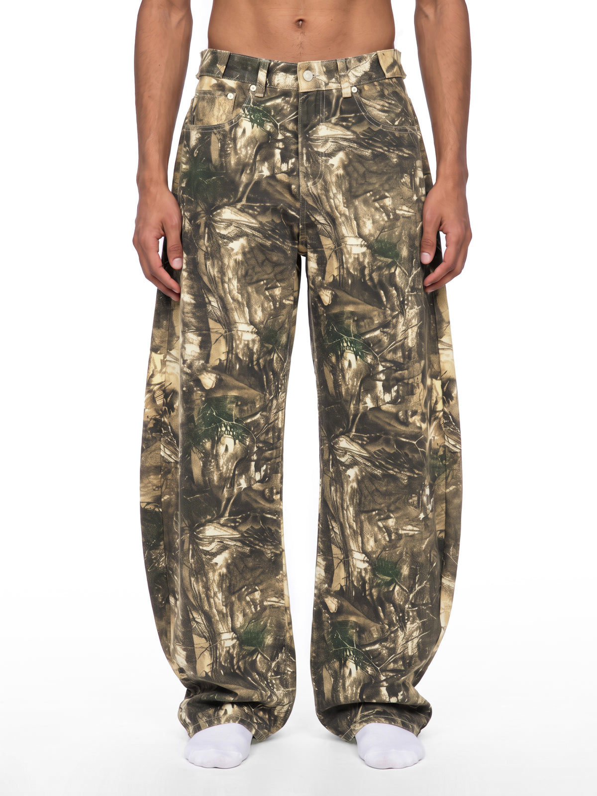 STILL. Men's Tree Camo Barrel Leg Pants, worn by a model