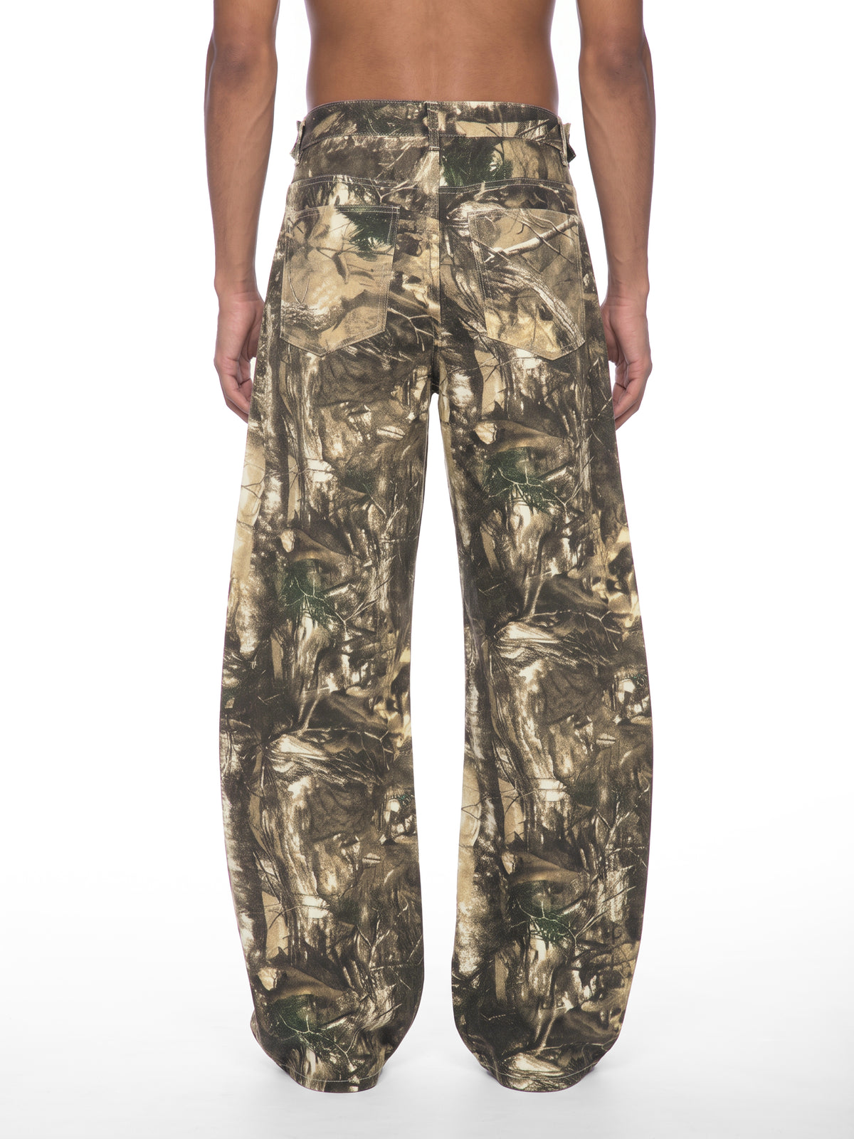 STILL. Men's Tree Camo Barrel Leg Pants, worn by a model